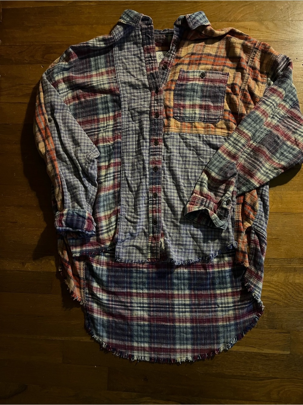 Urban Outfitters Mixed Plaid Button-Down Shirt - Blue, Red, Orange, Cream
